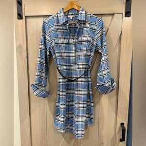 Peter Millar Women’s Blue Plaid Shirt Dress Size M belted roll tab long sleeves